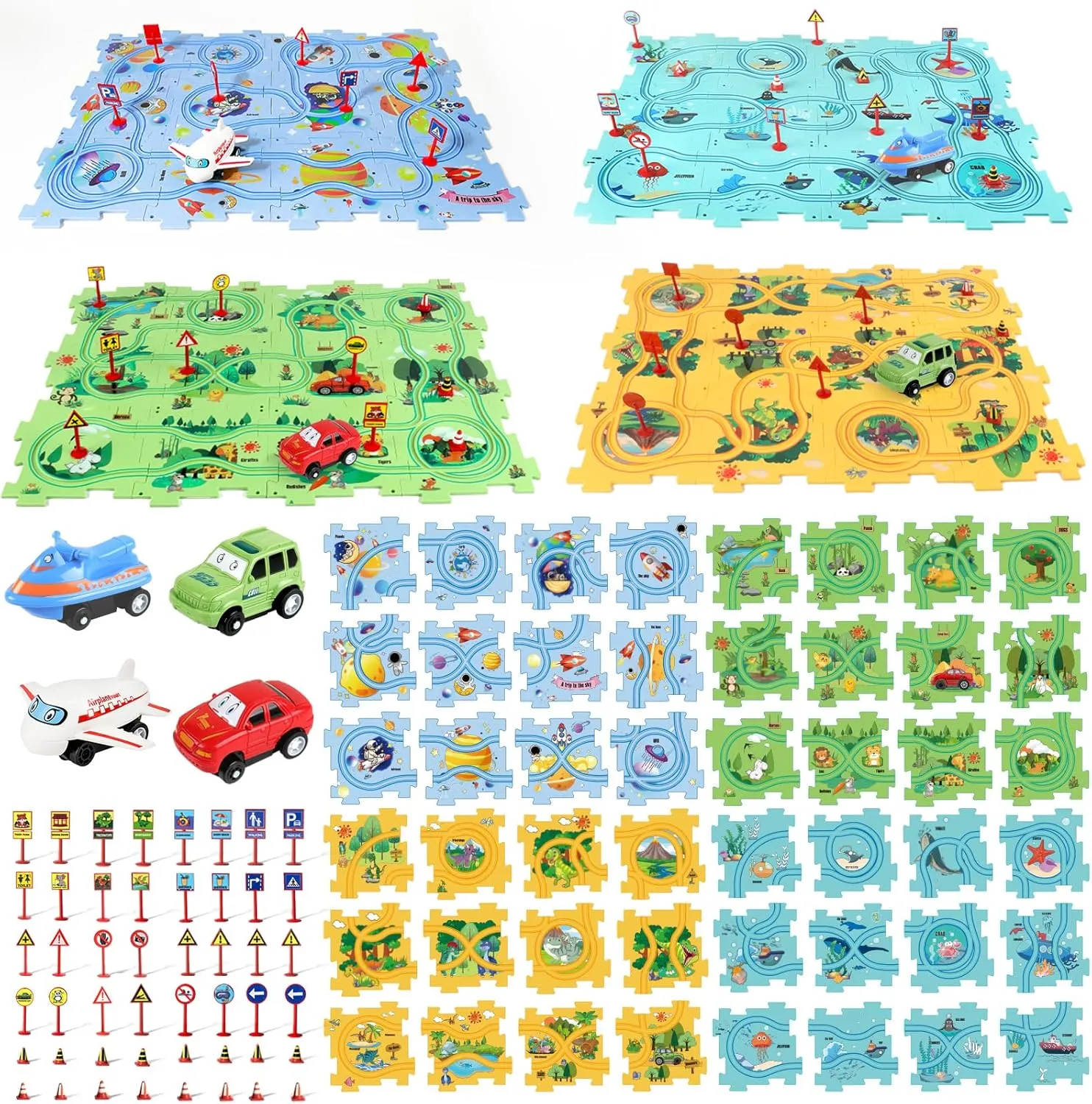 Puzzle Racer Kids Car Track Set, Kids Toys Boys 3-5, Toys for 2 3 4 5 6 Year Old Boys, Toys for Ages 2-4, Montessori Toys for 3  Year Old, Fat Brain Toys(100Pcs, 4 Themes)