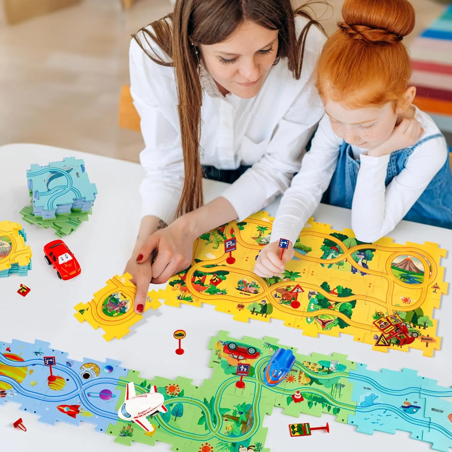 Puzzle Racer Kids Car Track Set, Kids Toys Boys 3-5, Toys for 2 3 4 5 6 Year Old Boys, Toys for Ages 2-4, Montessori Toys for 3  Year Old, Fat Brain Toys(100Pcs, 4 Themes)