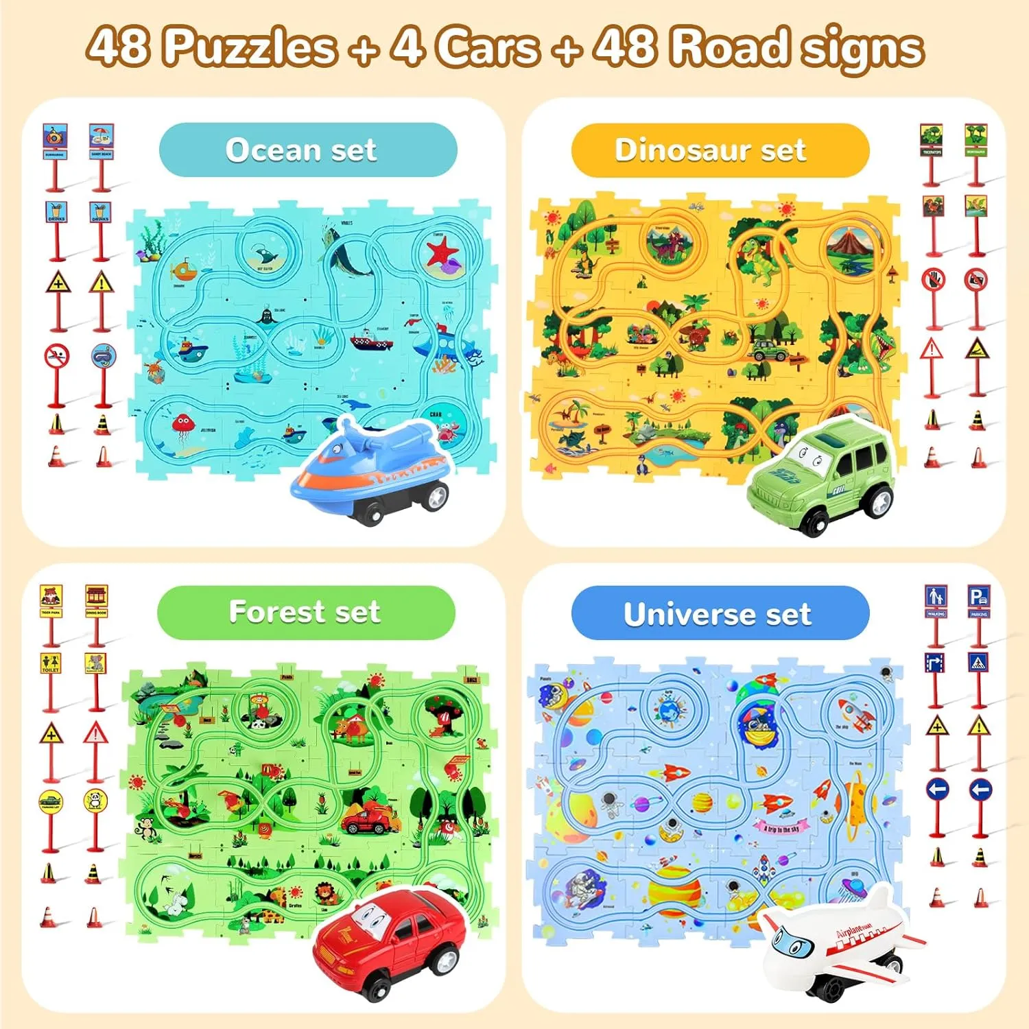 Puzzle Racer Kids Car Track Set, Kids Toys Boys 3-5, Toys for 2 3 4 5 6 Year Old Boys, Toys for Ages 2-4, Montessori Toys for 3  Year Old, Fat Brain Toys(100Pcs, 4 Themes)
