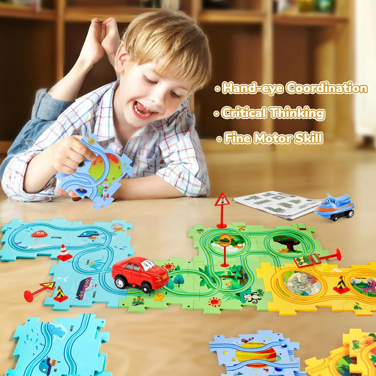 Puzzle Racer Kids Car Track Set, Kids Toys Boys 3-5, Toys for 2 3 4 5 6 Year Old Boys, Toys for Ages 2-4, Montessori Toys for 3  Year Old, Fat Brain Toys(100Pcs, 4 Themes)