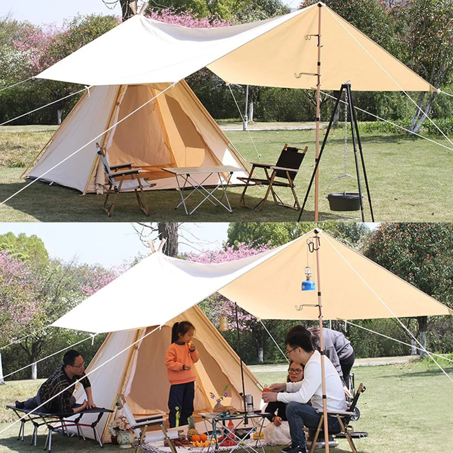 Pyramid Tent Indian Teepee Tents with Sun Shelter 3 4 People Family Tent Waterproof Outdoor Camping Cotton Tent Yurt Tent for Mountaineering Hiking Ca