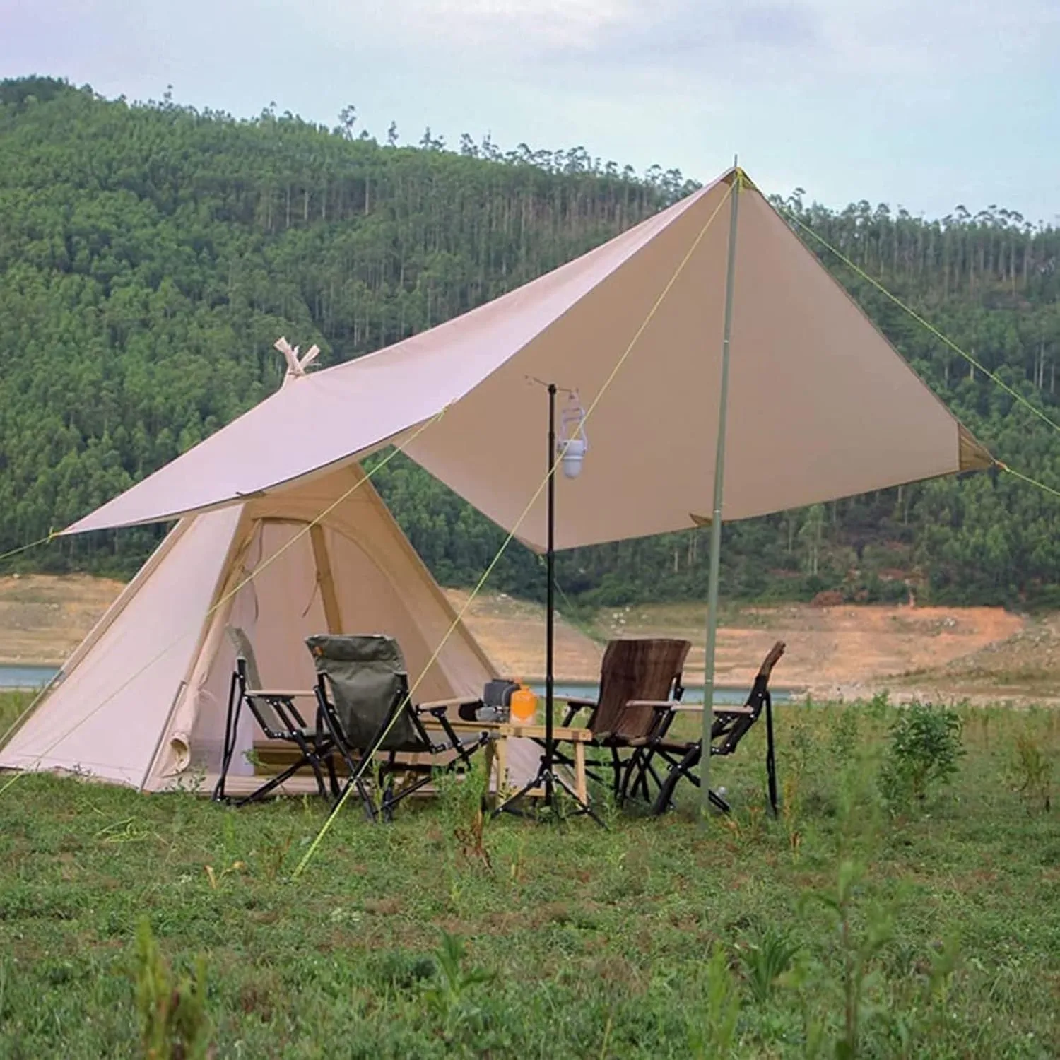 Pyramid Tent Indian Teepee Tents with Sun Shelter 3 4 People Family Tent Waterproof Outdoor Camping Cotton Tent Yurt Tent for Mountaineering Hiking Ca