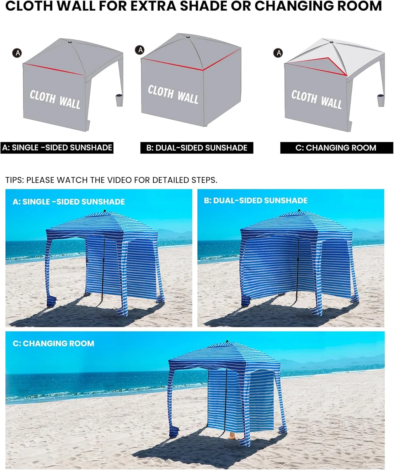 Qipi Beach Cabana - Easy to Set Up Canopy, Waterproof, Portable 6' x 6' Beach Shelter, Included Side Wall, Shade with UPF 50  UV Protection, Ultimate Sun Umbrella - for Kids, Family & Friends