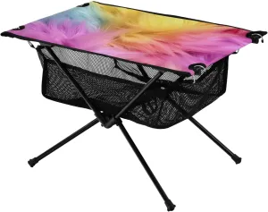 Rainbow Furry Texture Portable Folding Camping Table, Compact Lightweight Beach Table with Carrying Bag for Outdoor Picnics, BBQs, Camp