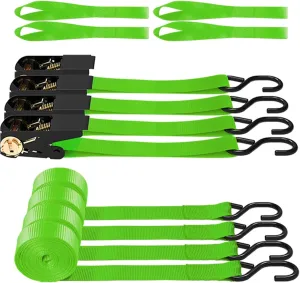 Ratchet Straps, 1500 lbs Breaking Strength - Premium 4X 15ft Tie Down Strap Set, 4X Soft Loops for Moving Appliances, Lawn Equipment, Motorcycle (Green)