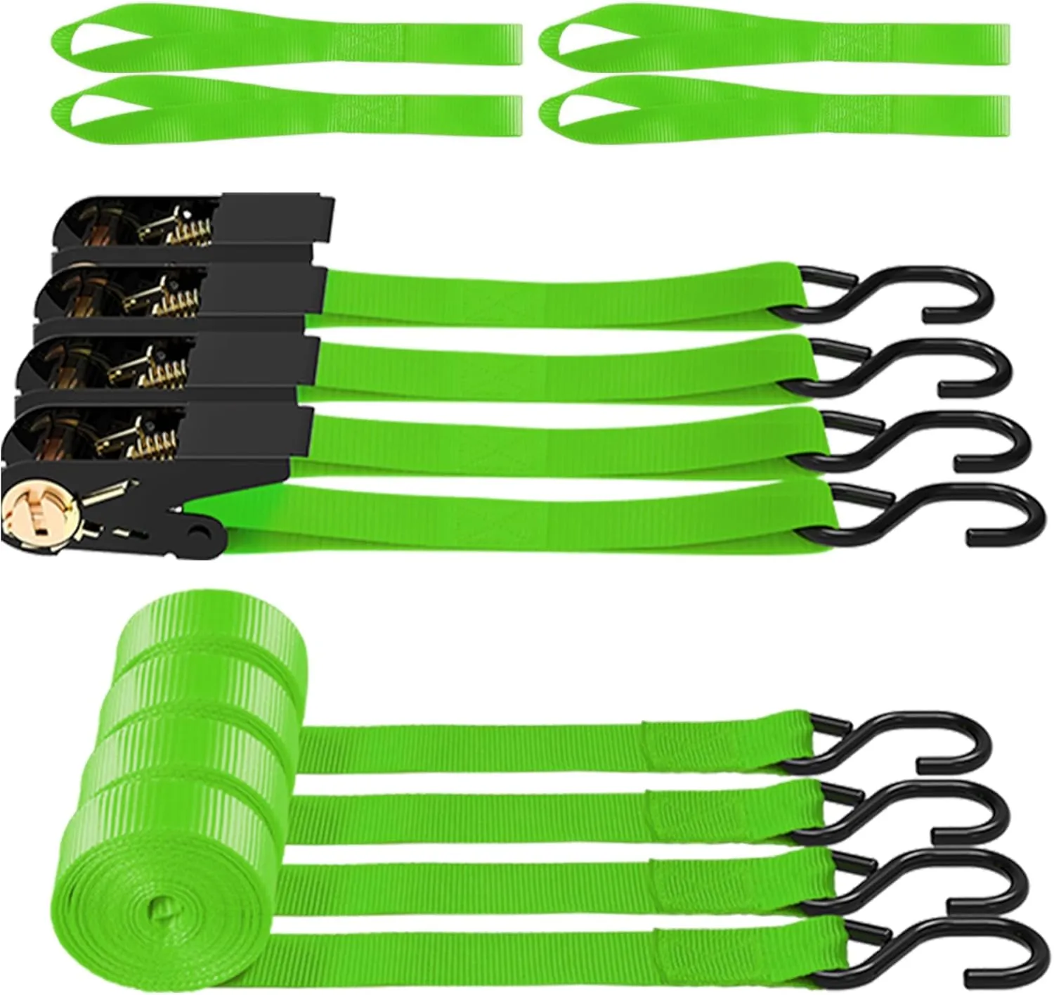 Ratchet Straps, 1500 lbs Breaking Strength - Premium 4X 15ft Tie Down Strap Set, 4X Soft Loops for Moving Appliances, Lawn Equipment, Motorcycle (Green)