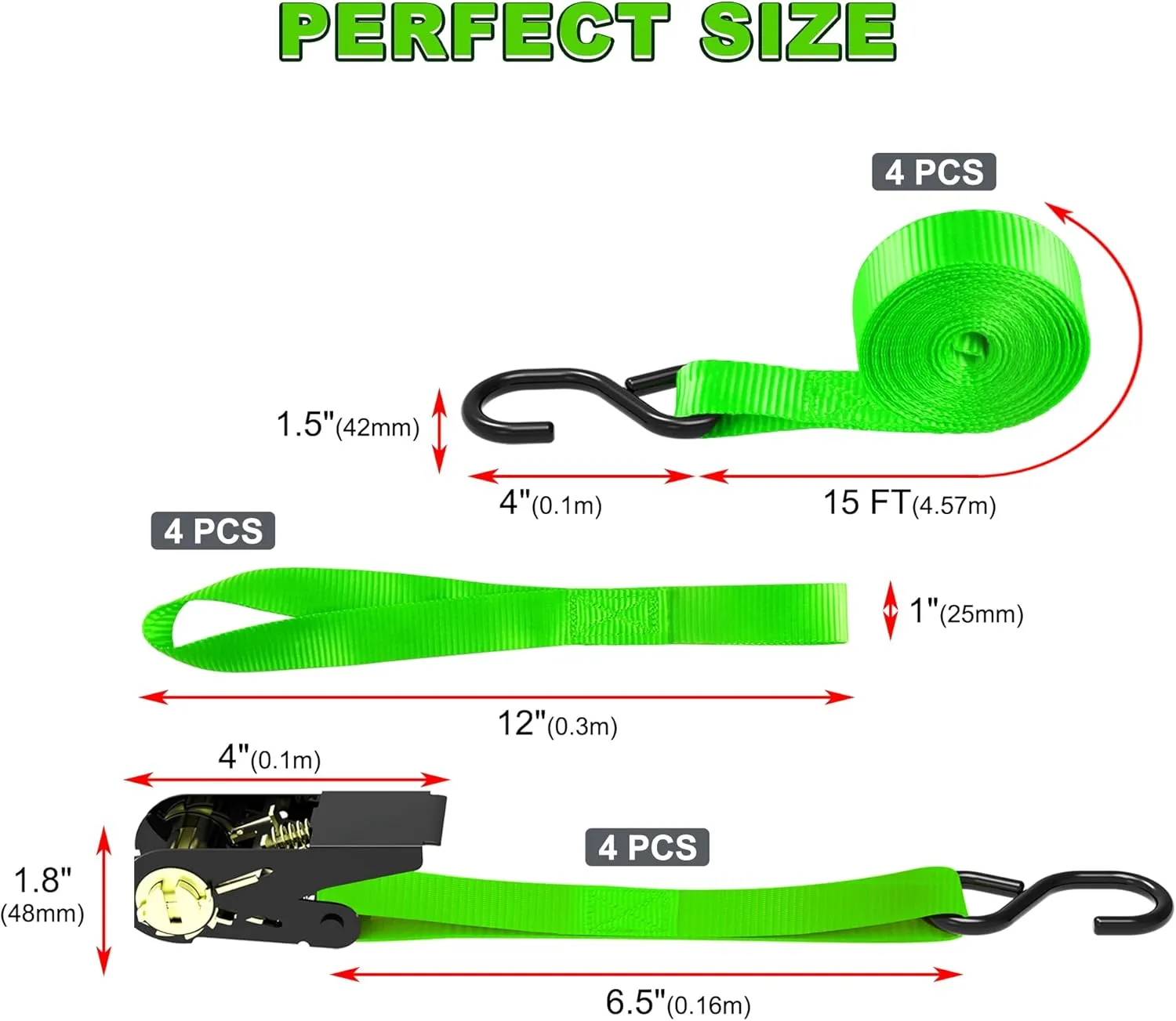 Ratchet Straps, 1500 lbs Breaking Strength - Premium 4X 15ft Tie Down Strap Set, 4X Soft Loops for Moving Appliances, Lawn Equipment, Motorcycle (Green)