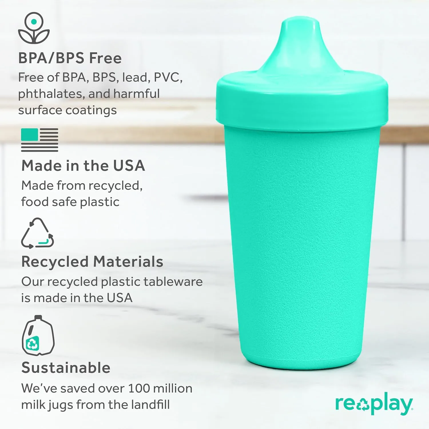Re-Play Sippy Cups for Toddlers - 10 Oz. Reusable Spill Proof Cups for Kids, Dishwasher/Microwave Safe - Made in USA - Set of 3-3.13" x 6.25" - A True Blue