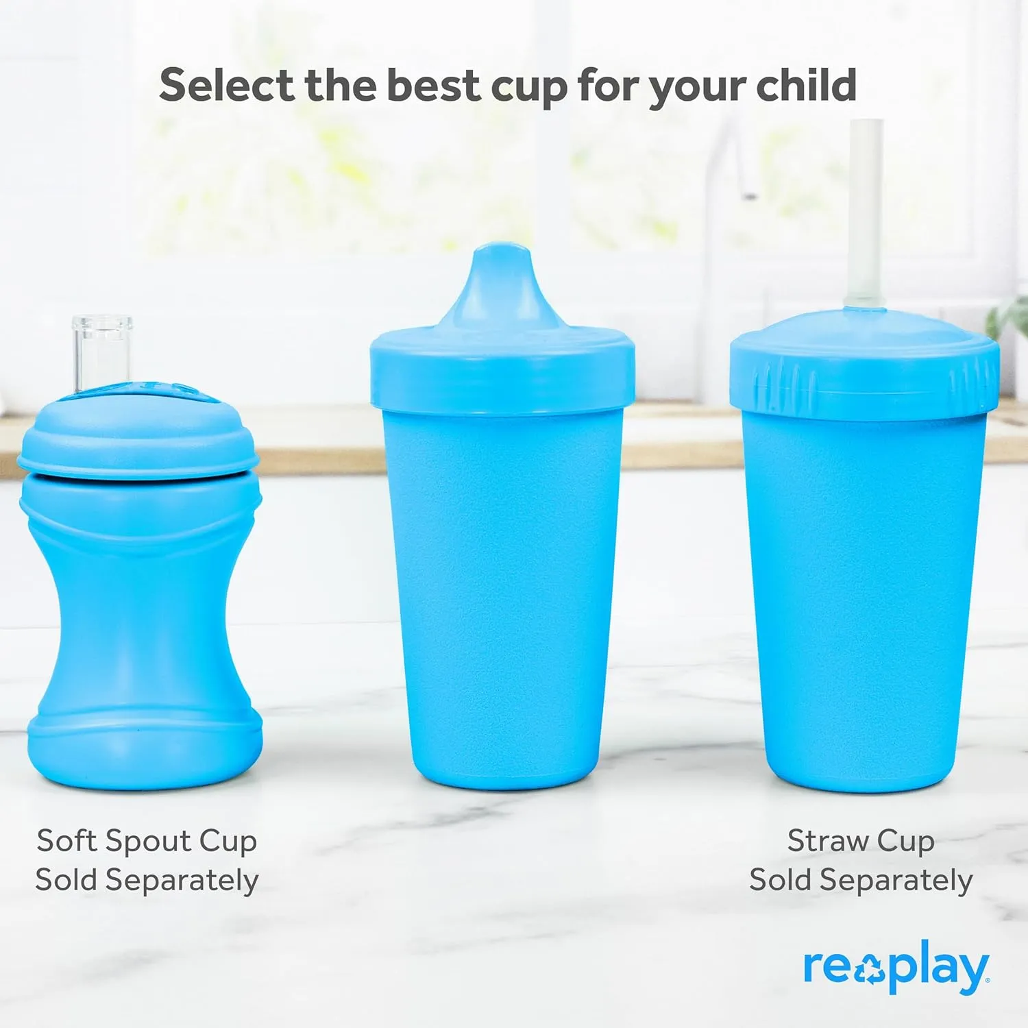 Re-Play Sippy Cups for Toddlers - 10 Oz. Reusable Spill Proof Cups for Kids, Dishwasher/Microwave Safe - Made in USA - Set of 3-3.13" x 6.25" - A True Blue