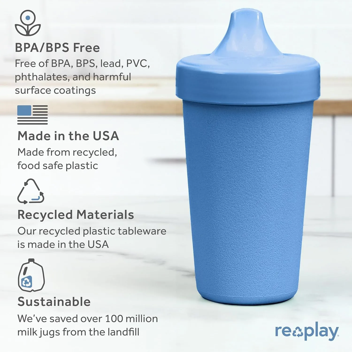 Re-Play Sippy Cups for Toddlers - 10 Oz. Reusable Spill Proof Cups for Kids, Dishwasher/Microwave Safe - Made in USA - Set of 4-3.13" x 6.25" - Cool Blues