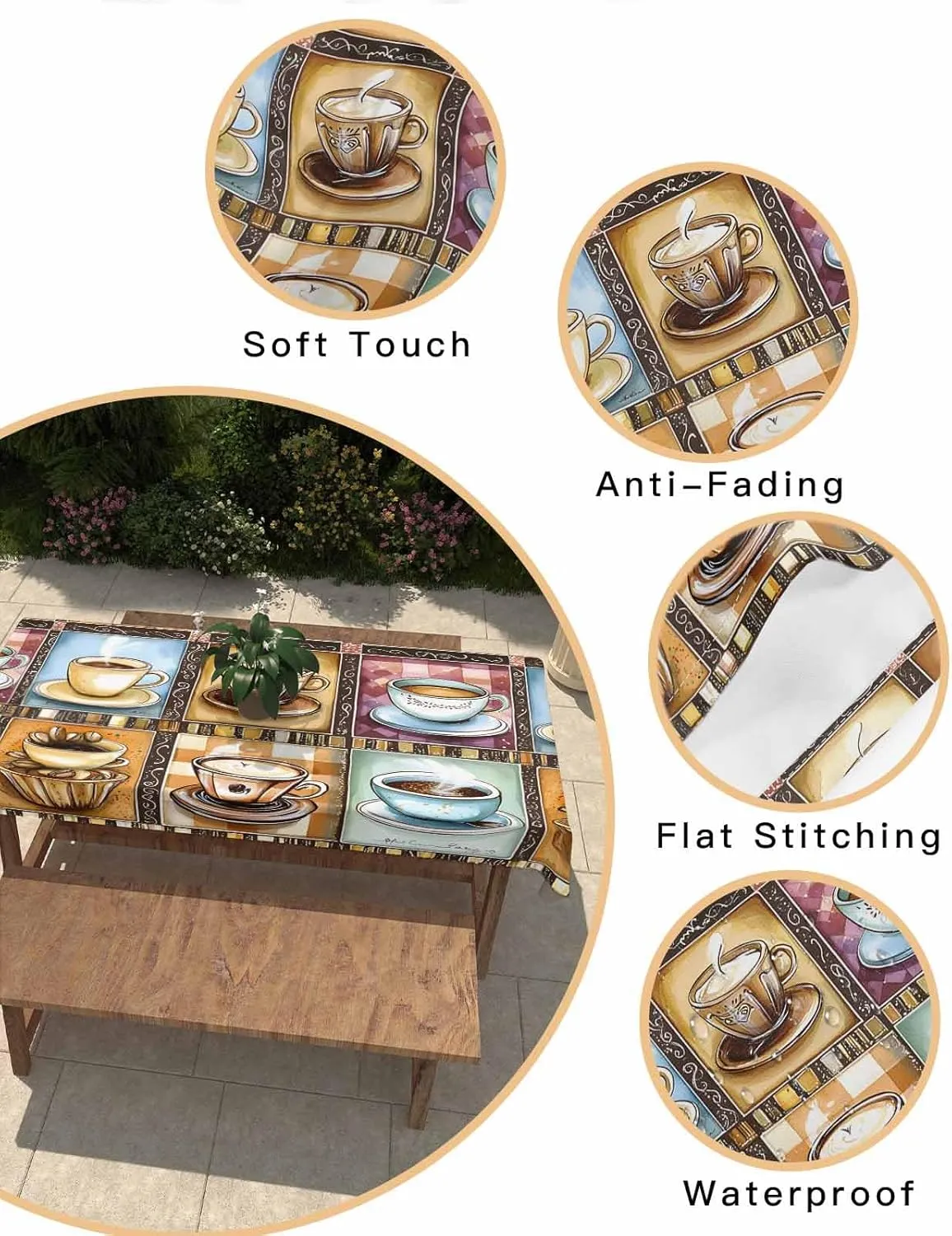 Rectangle Tablecloth Waterproof Spillproof Table Cloths,Watercolor Coffee Cups Beans Wipeable Table Cover for Kitchen Dining Camping Indoor Outdoor Tables 60" x 102",Aromatic Drinks Stitching Check