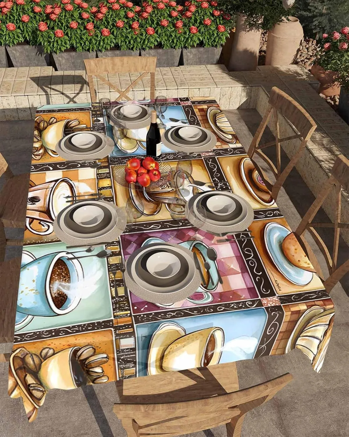 Rectangle Tablecloth Waterproof Spillproof Table Cloths,Watercolor Coffee Cups Beans Wipeable Table Cover for Kitchen Dining Camping Indoor Outdoor Tables 60" x 102",Aromatic Drinks Stitching Check