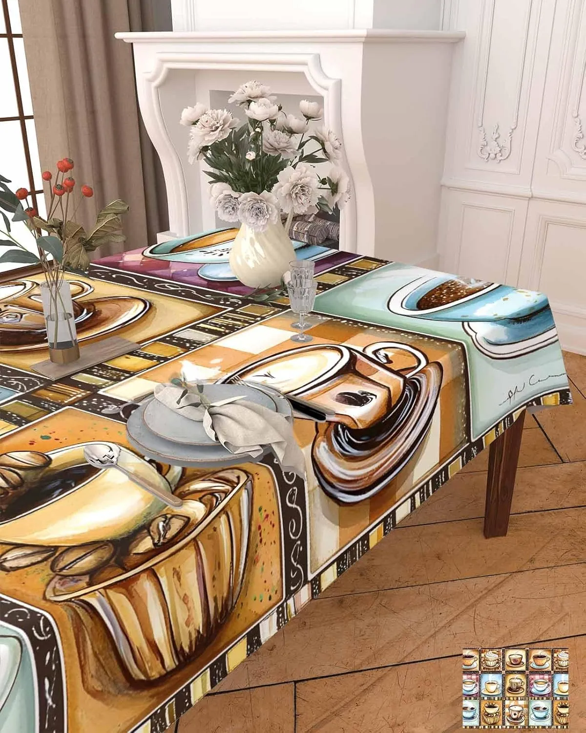 Rectangle Tablecloth Waterproof Spillproof Table Cloths,Watercolor Coffee Cups Beans Wipeable Table Cover for Kitchen Dining Camping Indoor Outdoor Tables 60" x 102",Aromatic Drinks Stitching Check