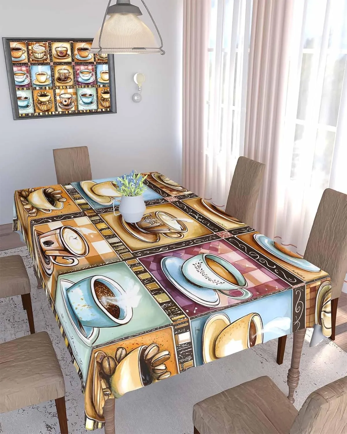 Rectangle Tablecloth Waterproof Spillproof Table Cloths,Watercolor Coffee Cups Beans Wipeable Table Cover for Kitchen Dining Camping Indoor Outdoor Tables 60" x 102",Aromatic Drinks Stitching Check