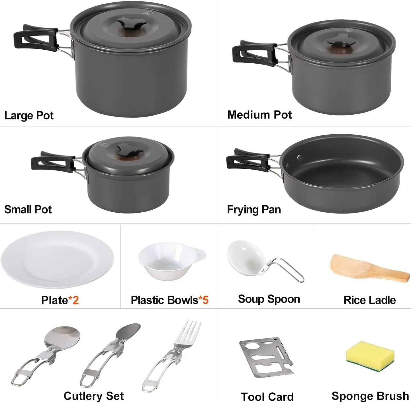 REDCAMP 12/14/15/19 PCS Camping Cookware Mess Kit Camping Gear Campfire Utensils Lightweight Stackable Pot Pan Bowls Soup Spoon with Storage Bag for Camping, Backpacking, Outdoor Cooking, Picnic