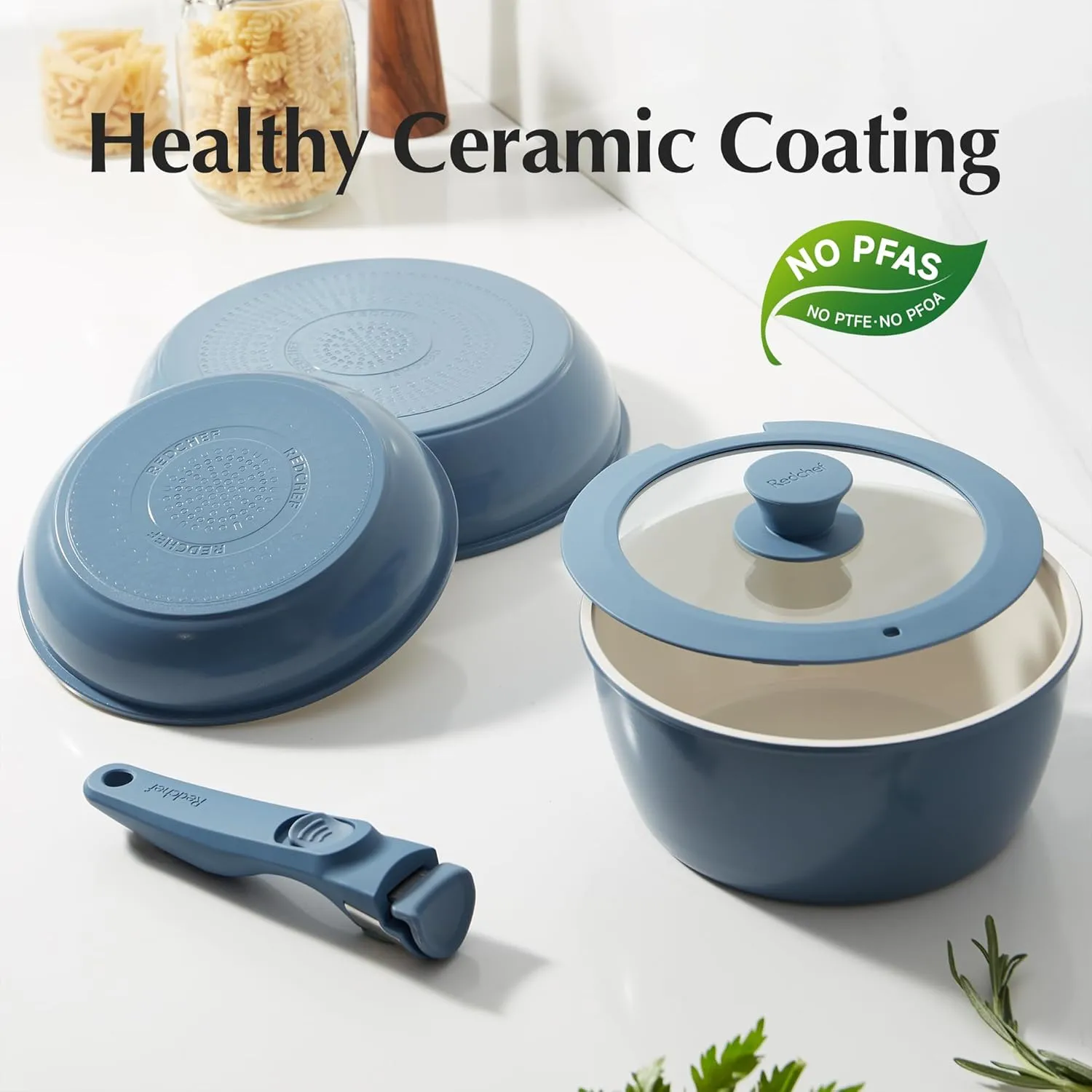 Redchef Ceramic Cookware Set, Removable Handle Pots and Pans Non-Stick, Rv Cookware Set, Non-Toxic Pots and Pans Set No PFAS, PTFE, PFOA, Detachable Pots and Pans, Dishwasher & Oven Safe(Blue)