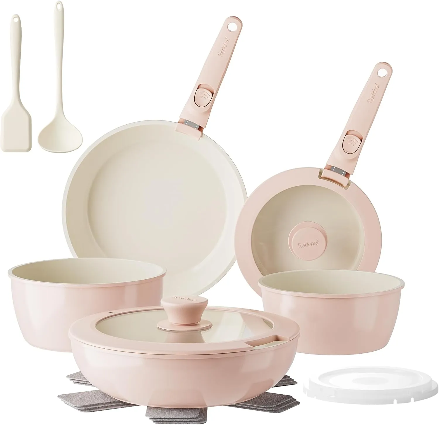 Redchef Pans and Pots Set Nonstick, Ceramic Cookware Set with Detachable Handles 16Pcs, Induction Dishwasher Oven Safe Kitchen Cooking Set, PFAS PFOA & PTFE Free, Pink