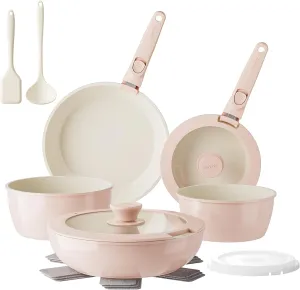 Redchef Pans and Pots Set Nonstick, Ceramic Cookware Set with Detachable Handles 16Pcs, Induction Dishwasher Oven Safe Kitchen Cooking Set, PFAS PFOA & PTFE Free, Pink