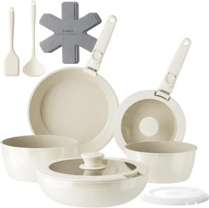 Redchef Pans and Pots Set Nonstick, Ceramic Cookware Set with Detachable Handles, Healthy,Non Toxic, Kitchen Cookware Sets16Pcs, Induction RV Kitchen Set, PFAS PFOA & PTFE Free, Beige White