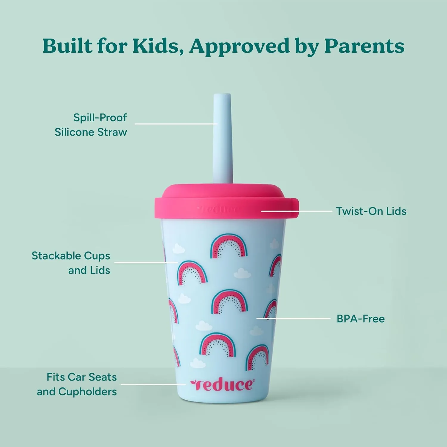 REDUCE GoGo's Kids Portable Tumbler Cups with Lids and Spill-Proof Straws - 5 Pack of Stackable 12 oz Tumblers with Twist-On Lids - Easy Storage, Dishwasher Safe - Serendipity Set