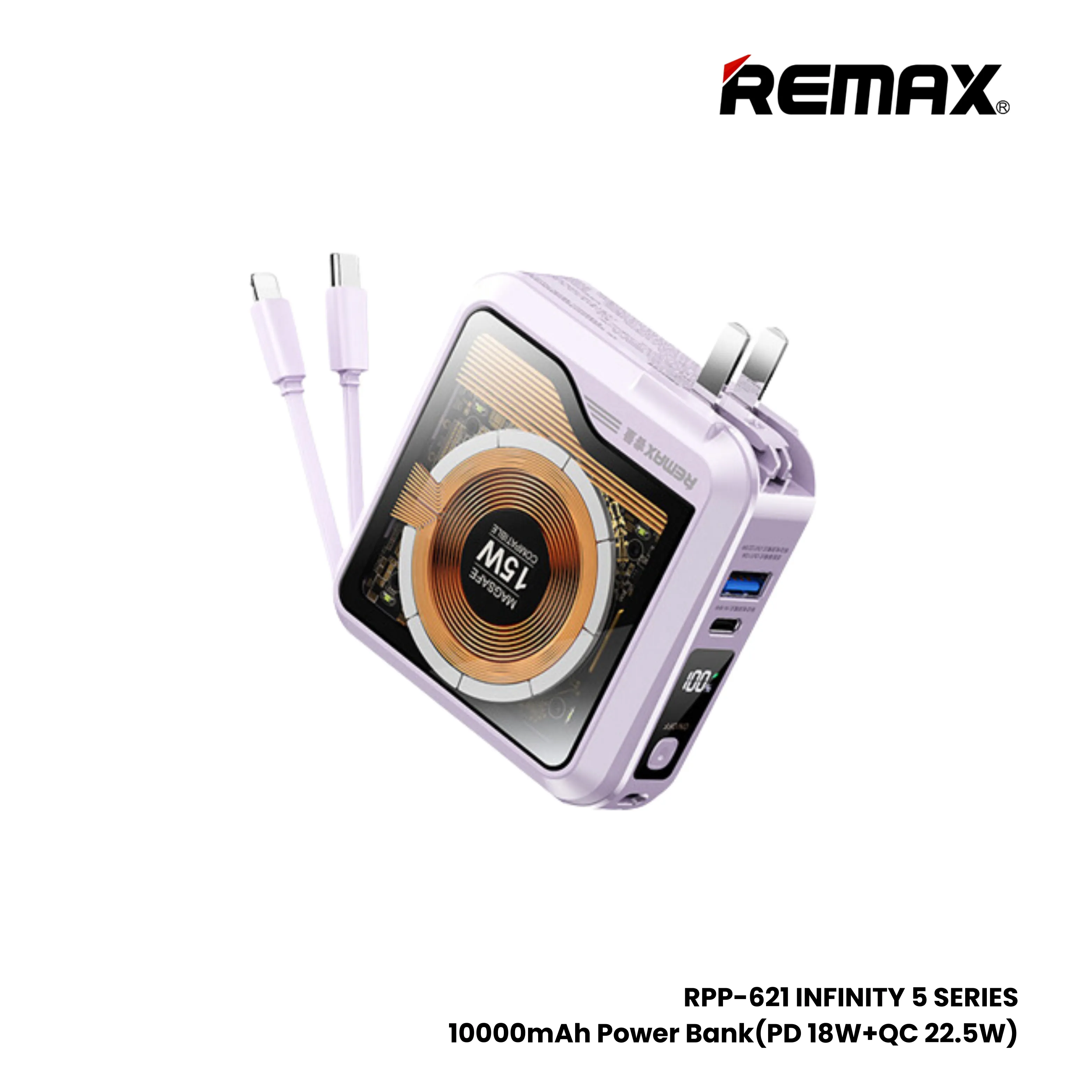 REMAX RPP-621 Infinity Series 10000mAh PD QC Magnetic Wireless Power Bank(PD 20W QC 22.5W) - Purple