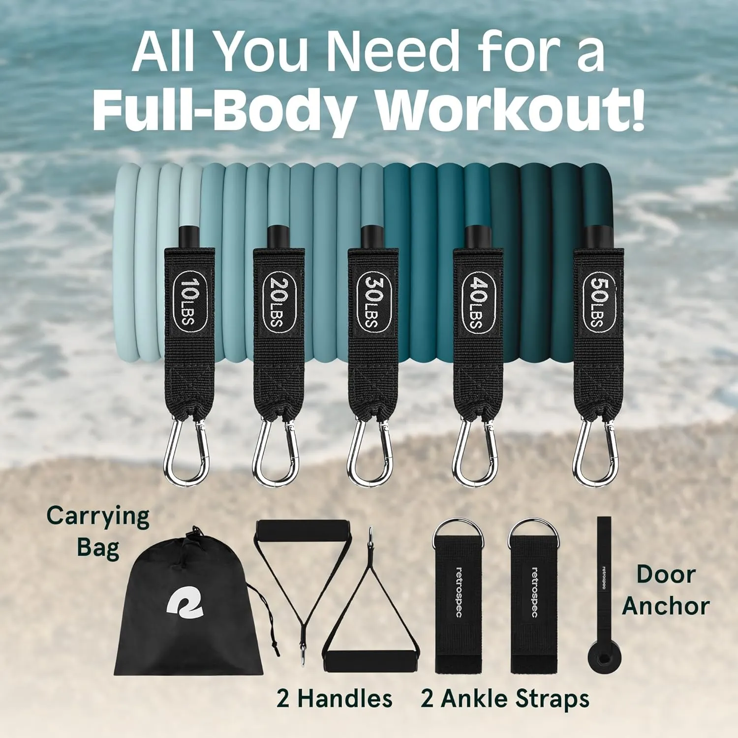 Retrospec Train Resistance Bands Set (5pc) Workout Bands w/Handles, Door Anchor, Carry Bag for Women & Men