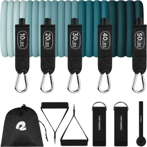 Retrospec Train Resistance Bands Set (5pc) Workout Bands w/Handles, Door Anchor, Carry Bag for Women & Men