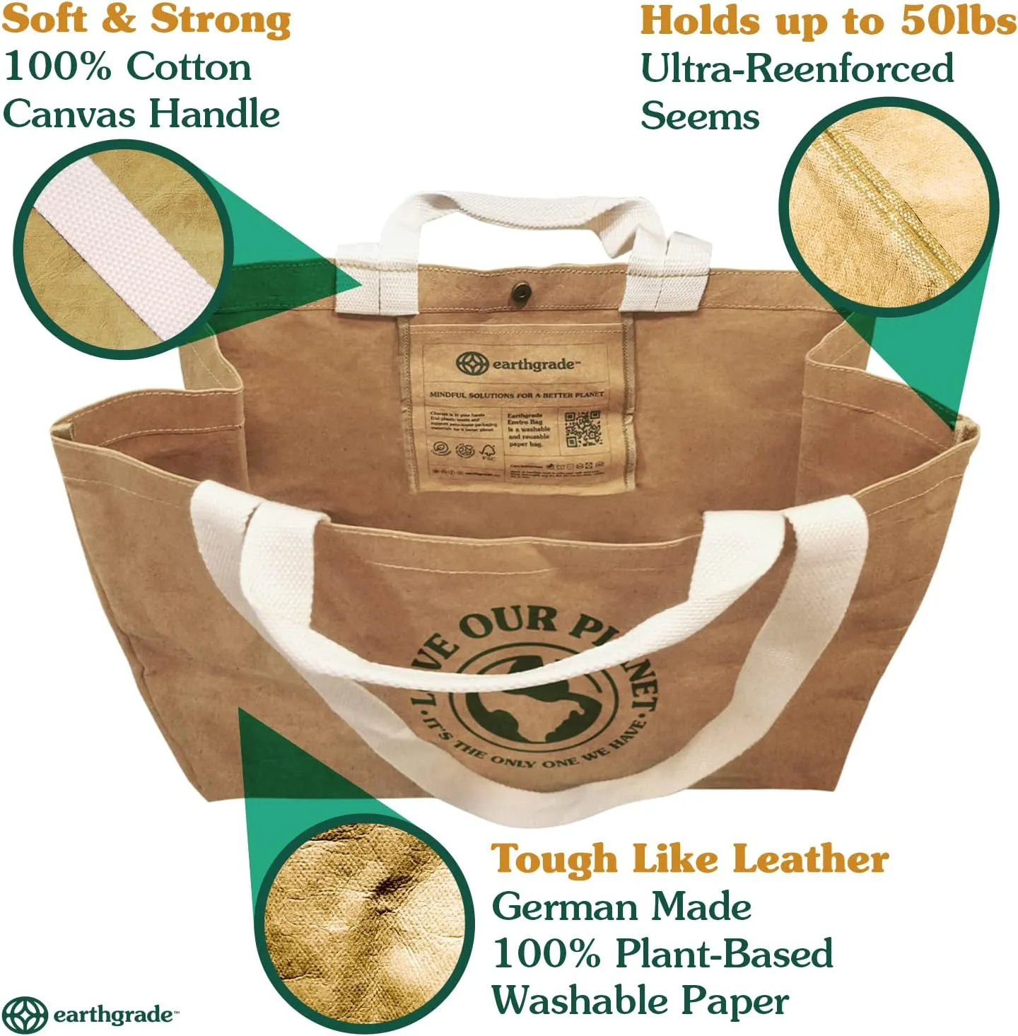 Reusable Grocery Bag – Large Sustainable Washable Paper Tote with Reinforced Seams. Foldable and Durable.