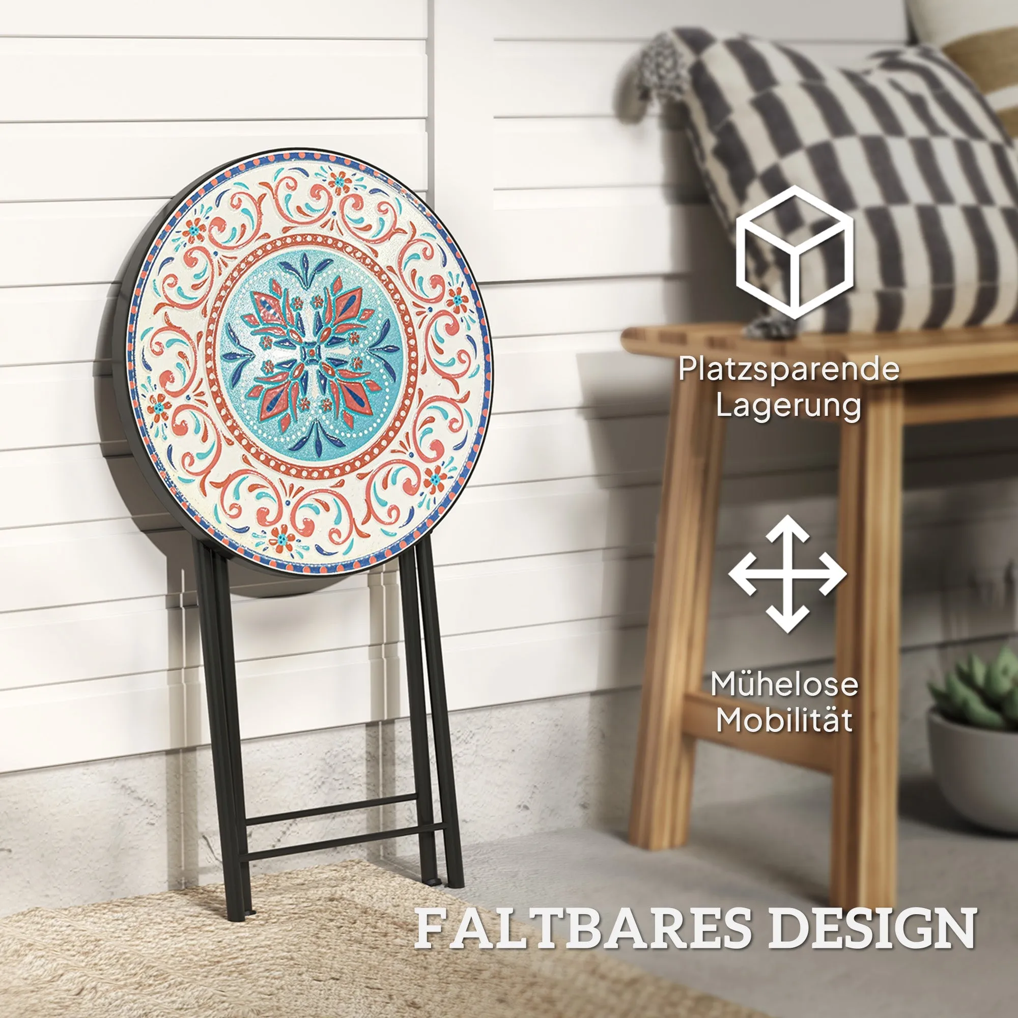 Rootz Mosaic Garden Table - Foldable Terrace Table - Outdoor Side Table - Space-Saving Design - Ø35.5 x 55H cm