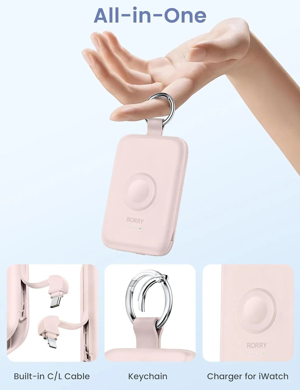 RORRY Portable Charger, 10000mAh PD 20W Fast Charging Portable Charger Power Bank with Built in Cables, Travel Battery Pack for iPhone 16/15/14/13/12 and Apple Watch Ultra/9/8/7/6/5/4/3/2, Pink