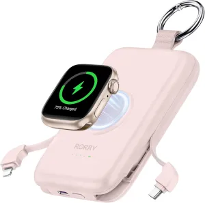 RORRY Portable Charger, 10000mAh PD 20W Fast Charging Portable Charger Power Bank with Built in Cables, Travel Battery Pack for iPhone 16/15/14/13/12 and Apple Watch Ultra/9/8/7/6/5/4/3/2, Pink