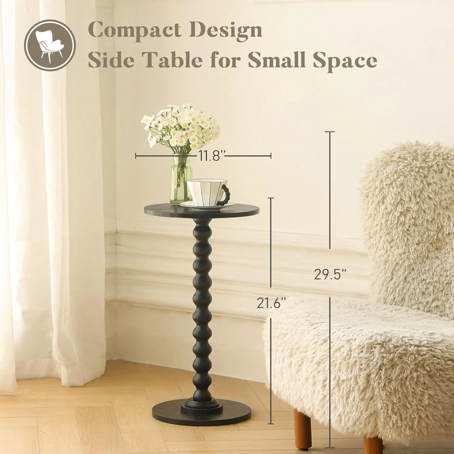 Round Side Table, Small Drink Table for Small Spaces, Modern Accent End Table Nightstand with Solid Wood Leg for Living Room, Bedroom, Corners, and Office (Black)
