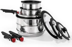 ROYDX 20pcs Pots and Pans Set, Stainless Steel Cookware Set Detachable Handle, Induction Kitchen Stackable RV Cookware Sets, (Camper, Boat, Small Kitchen), Dishwasher Safe&Oven Safe, PFOA Free, Silver
