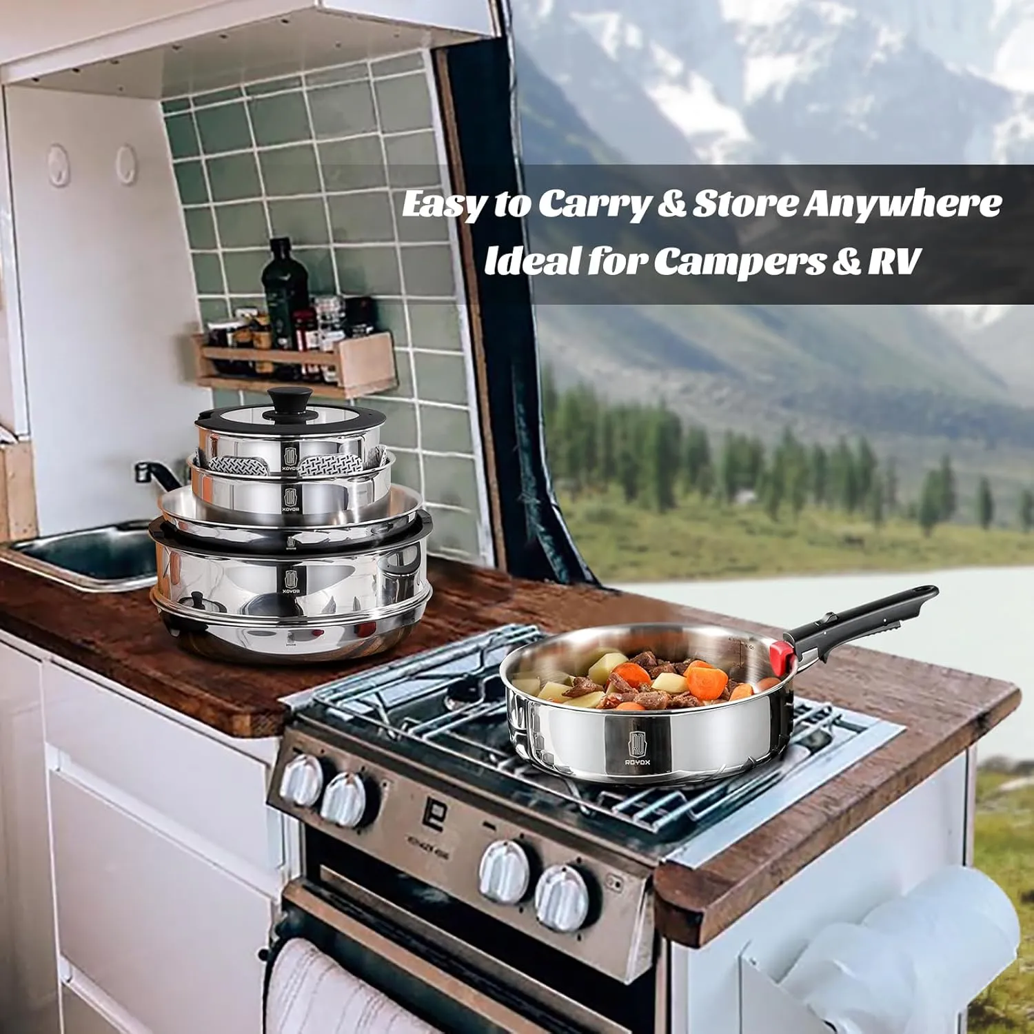 ROYDX 20pcs Pots and Pans Set, Stainless Steel Cookware Set Detachable Handle, Induction Kitchen Stackable RV Cookware Sets, (Camper, Boat, Small Kitchen), Dishwasher Safe&Oven Safe, PFOA Free, Silver