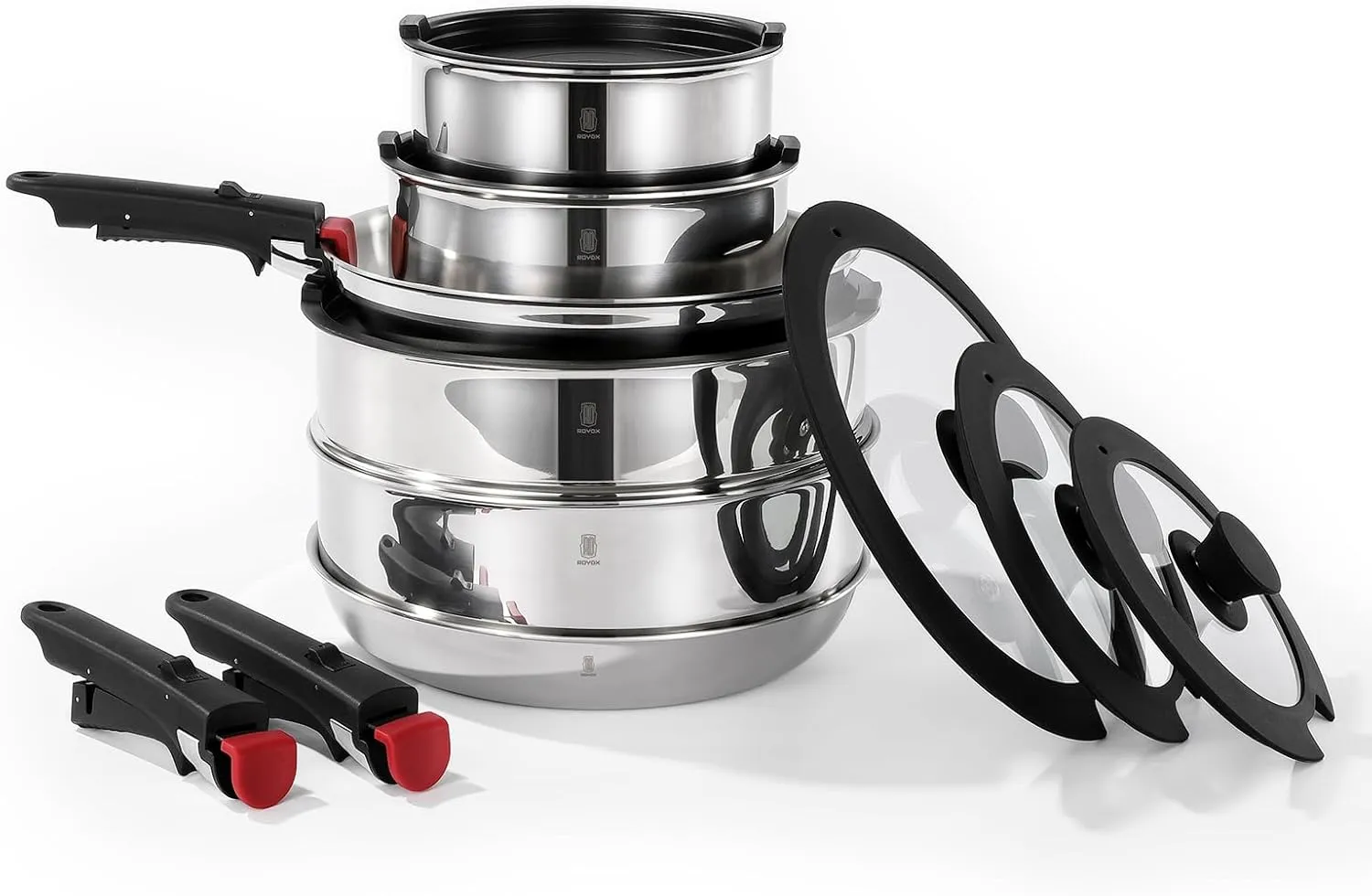 ROYDX 20pcs Pots and Pans Set, Stainless Steel Cookware Set Detachable Handle, Induction Kitchen Stackable RV Cookware Sets, (Camper, Boat, Small Kitchen), Dishwasher Safe&Oven Safe, PFOA Free, Silver