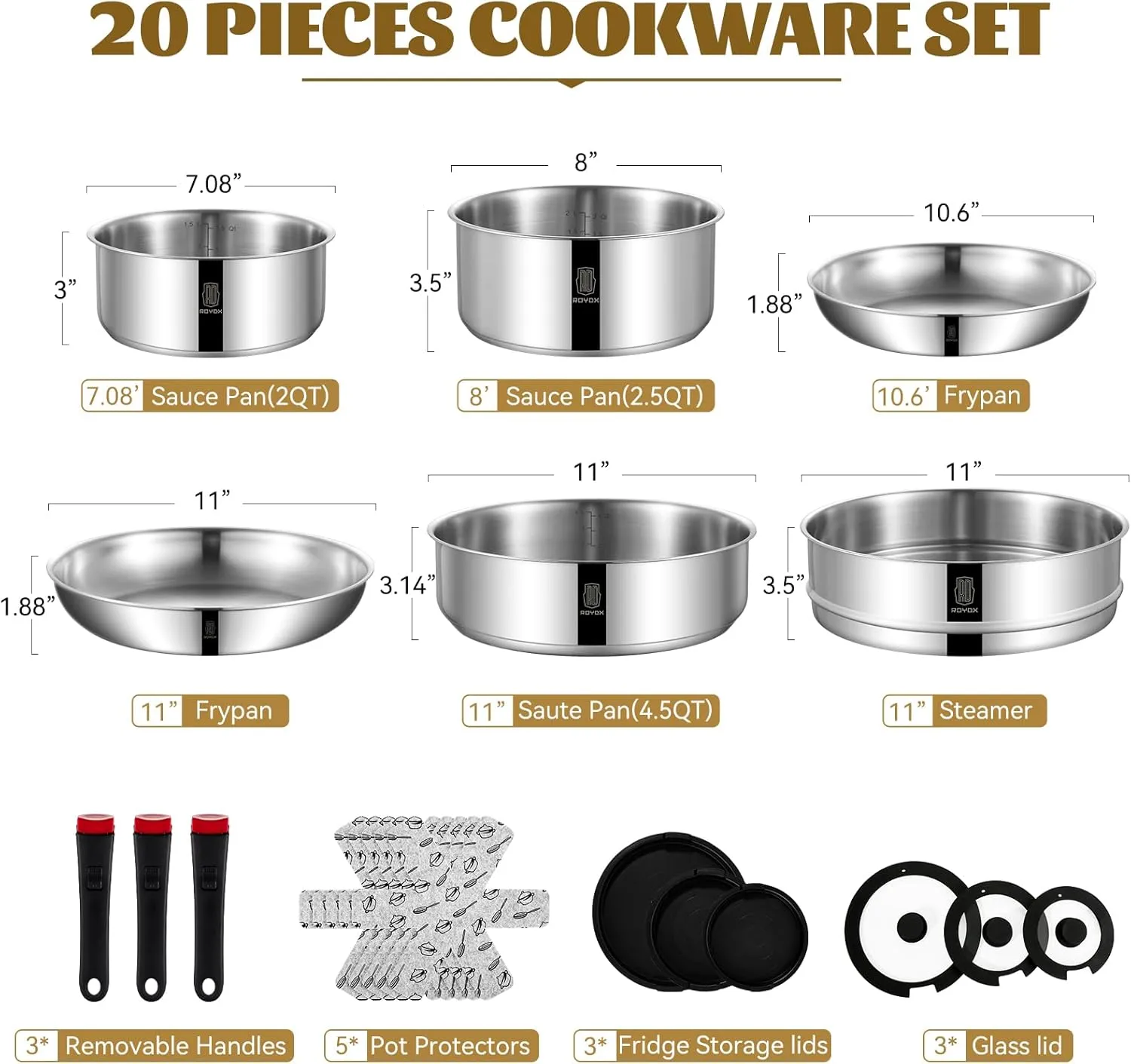 ROYDX 20pcs Pots and Pans Set, Stainless Steel Cookware Set Detachable Handle, Induction Kitchen Stackable RV Cookware Sets, (Camper, Boat, Small Kitchen), Dishwasher Safe&Oven Safe, PFOA Free, Silver