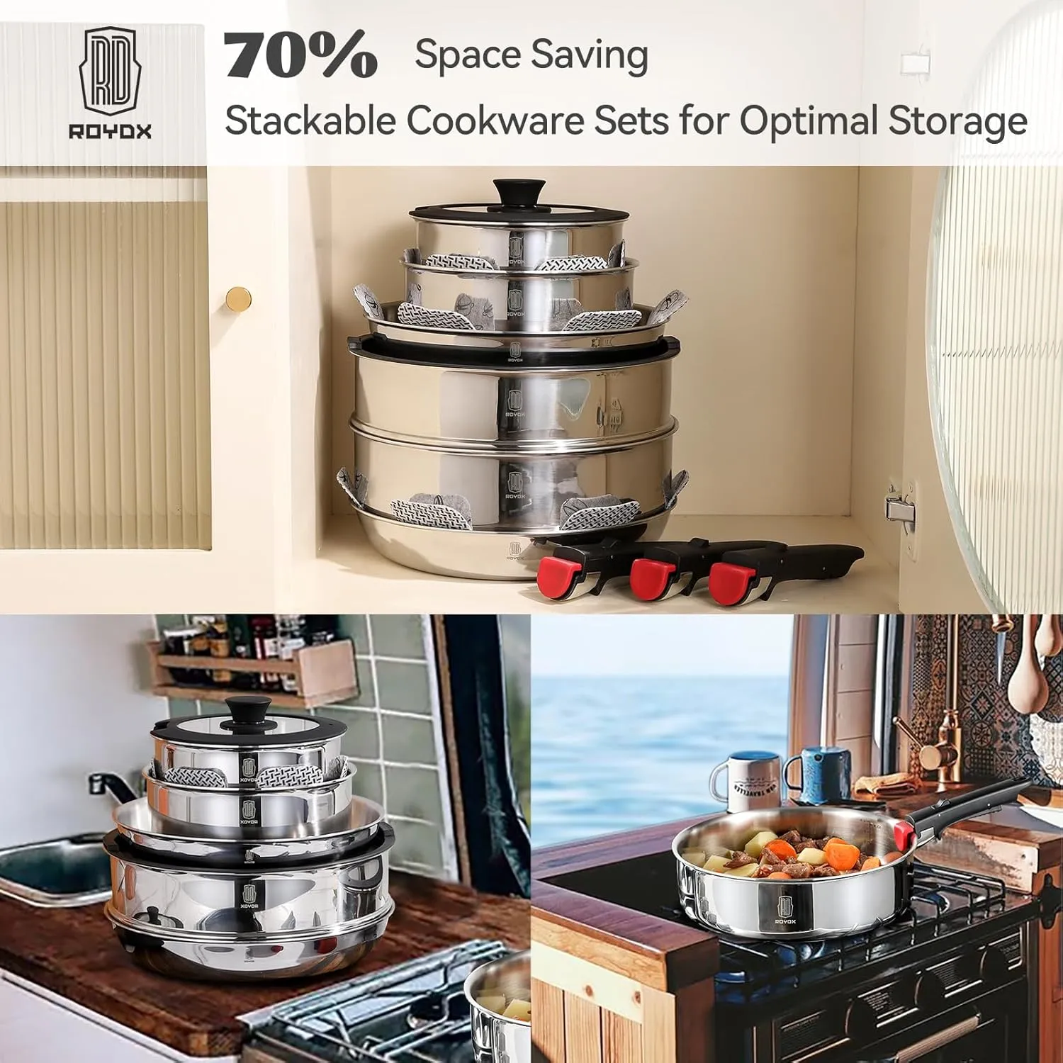 ROYDX 20pcs Pots and Pans Set, Stainless Steel Cookware Set Detachable Handle, Induction Kitchen Stackable RV Cookware Sets, (Camper, Boat, Small Kitchen), Dishwasher Safe&Oven Safe, PFOA Free, Silver