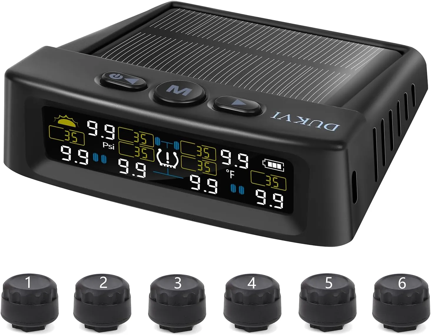 RV Tire Pressure Monitoring System with Solar and USB Charger, Trailer TPMS with 6 Sensors & 6 Alarm Modes, LCD Display Screen, Real-Time Pressure and Temp Monitor for Sedan, SUV, MPV(0-144 PSI)