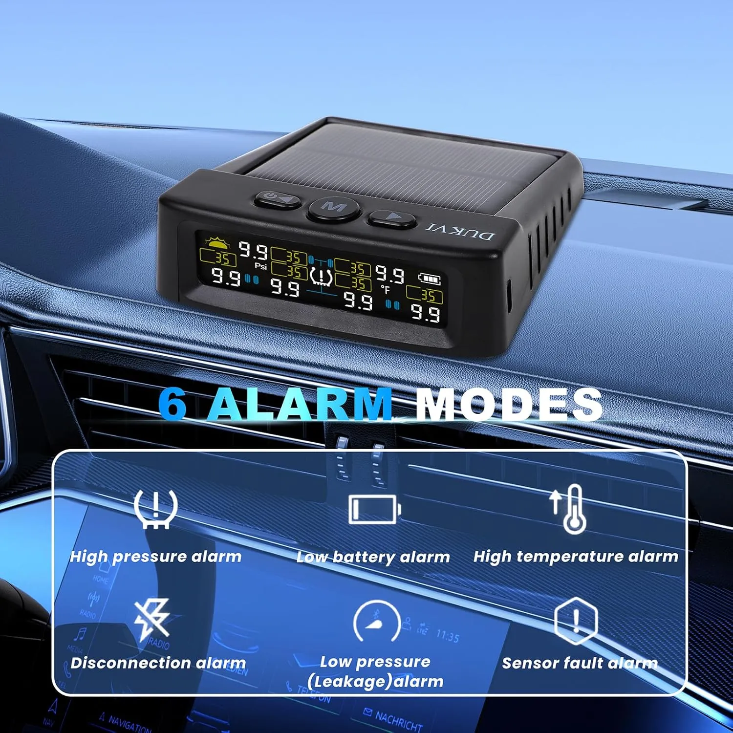 RV Tire Pressure Monitoring System with Solar and USB Charger, Trailer TPMS with 6 Sensors & 6 Alarm Modes, LCD Display Screen, Real-Time Pressure and Temp Monitor for Sedan, SUV, MPV(0-144 PSI)