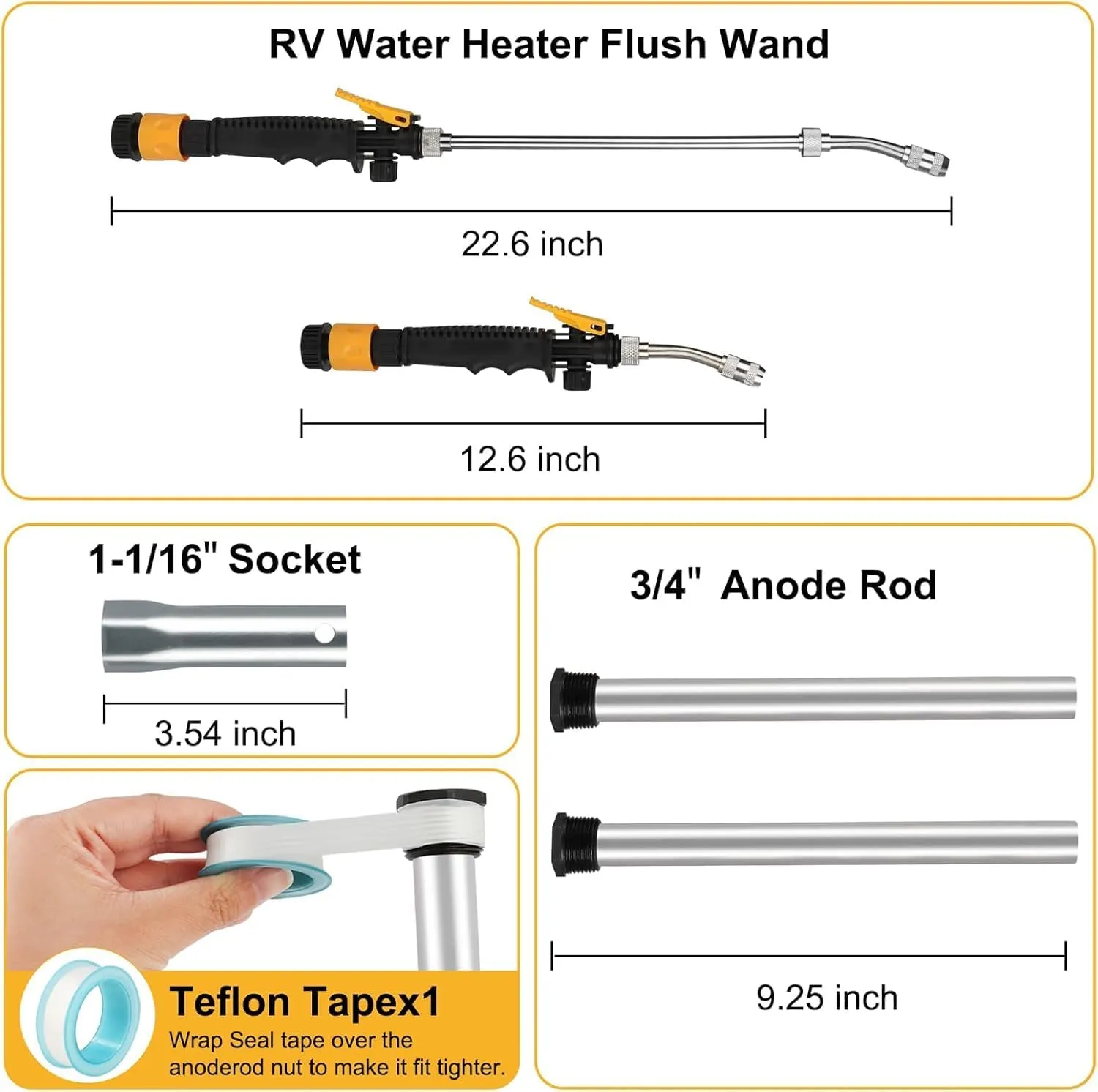 RV Water Heater Anode Rod & RV Water Heater Flush Wand, 9.25"L x 3/4" NPT Magnesium Rod for Suburban (Flush Wand & 2Pack Anode Rod)
