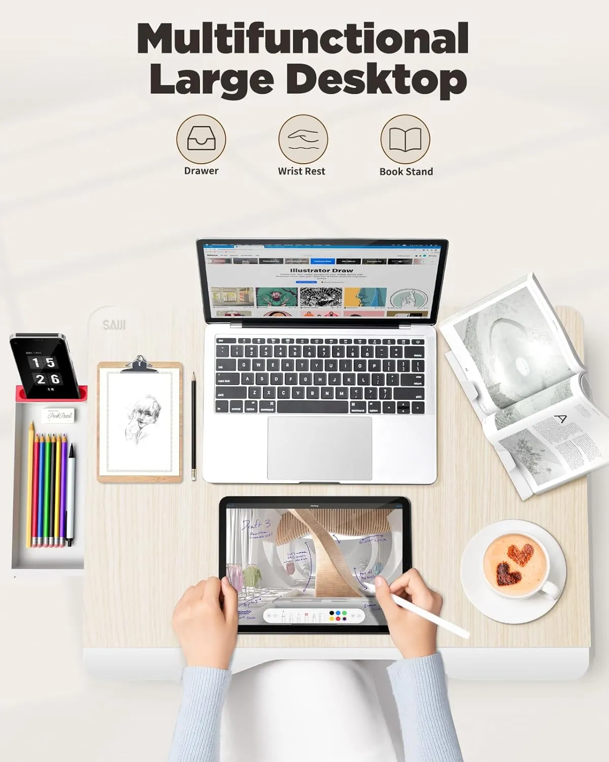 SAIJI Folding Bed Desk for Laptop, Eating Breakfast, Writing, Gaming, Extra Large 25.6" x 19.3" Portable Floor Stand Laptop Desk Table for Adult,Kids, Wood Bed Tray Table Lap Desk