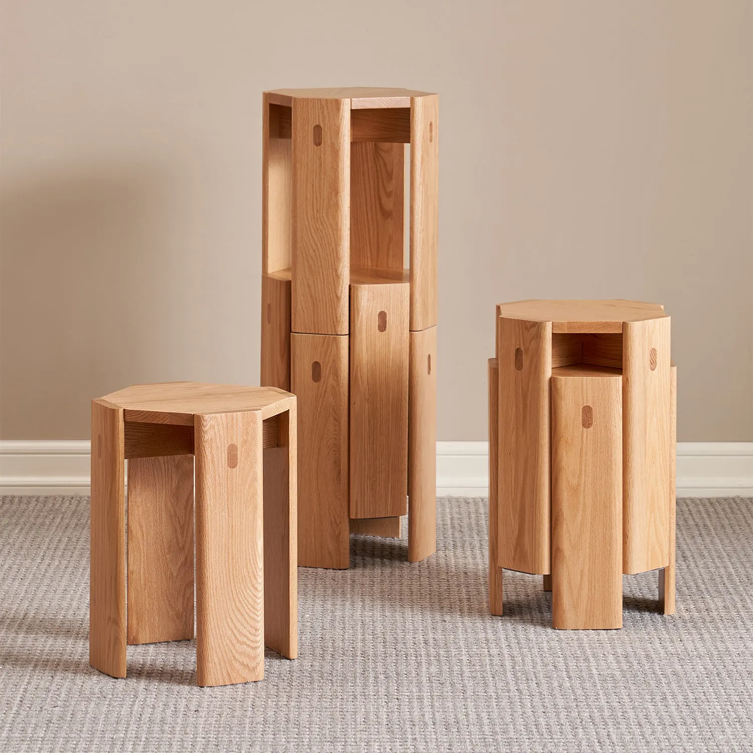 Scandinavian Oak Wood Stackable Stool Side Table 2pcs Set STACKA