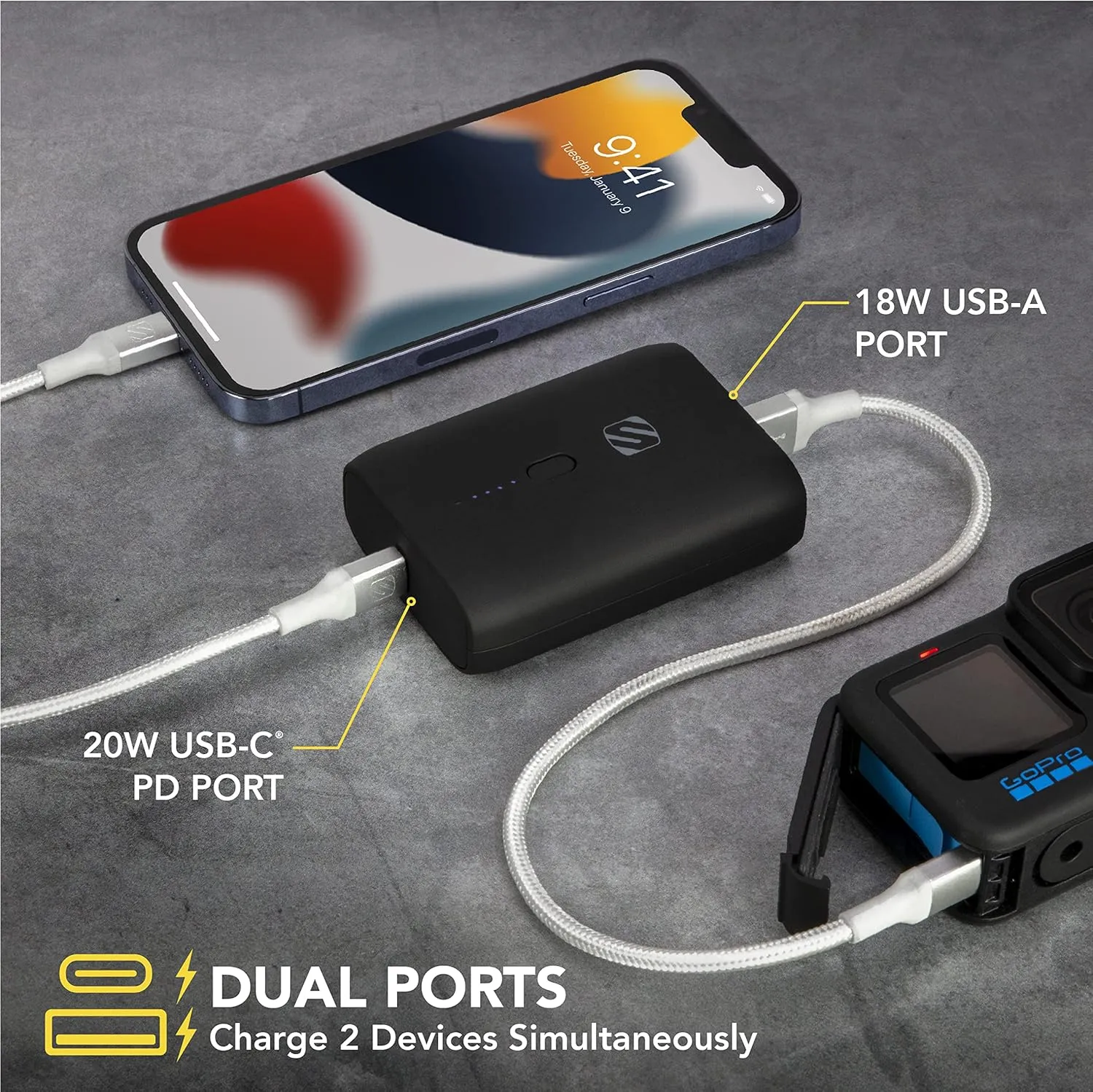 Scosche PB10PD-SP GoBat 10000mAh Compact Dual Port Cell Phone Battery Pack, 20W USB-C Power Delivery Fast Charger & 18W USB-A Portable Power Bank, External Battery Compatible w/ Apple iPhone & Android