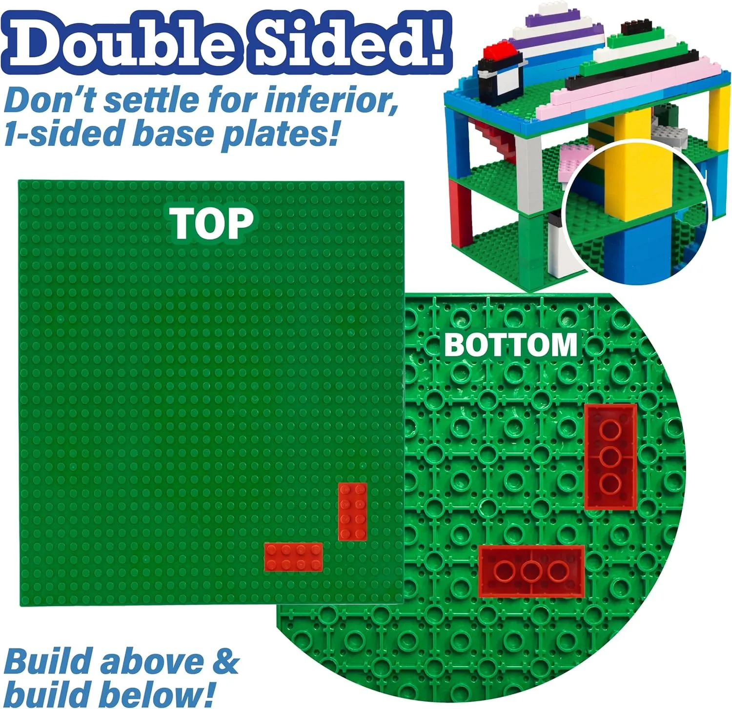 SCS Direct Brick Building Blocks Large Green 10"x10" Baseplates(4pcs) Connects on Both Sides - Compatible and Tight Fit with All Major Building Blocks Brands - Great for Activity Tables, Kids Gift