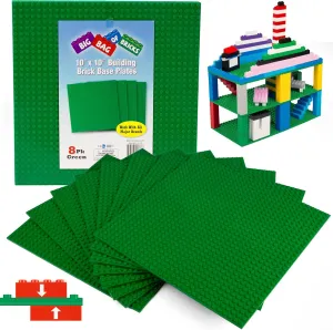 SCS Direct Brick Building Blocks Large Green 10"x10" Baseplates(4pcs) Connects on Both Sides - Compatible and Tight Fit with All Major Building Blocks Brands - Great for Activity Tables, Kids Gift