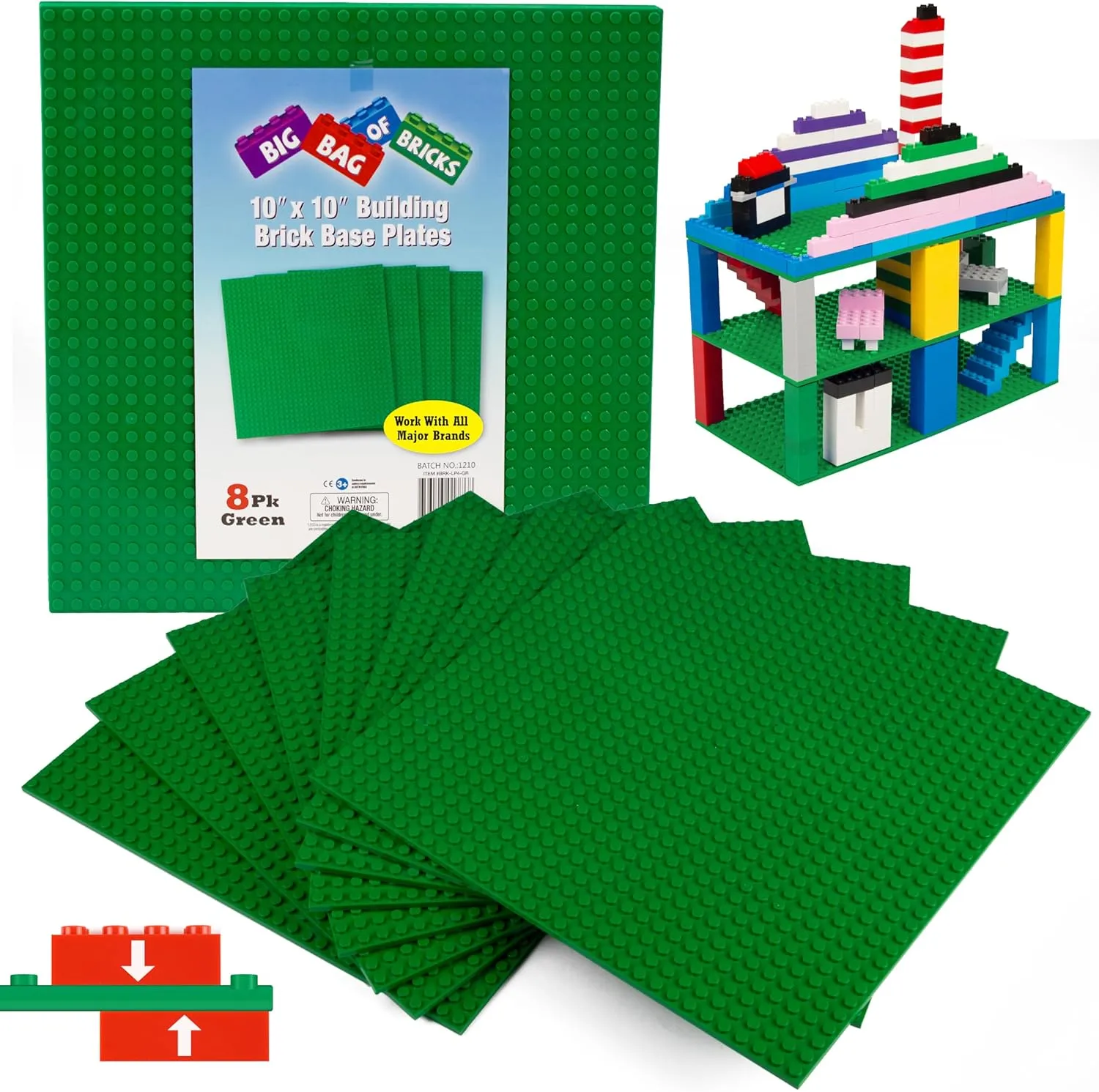 SCS Direct Brick Building Blocks Large Green 10"x10" Baseplates(4pcs) Connects on Both Sides - Compatible and Tight Fit with All Major Building Blocks Brands - Great for Activity Tables, Kids Gift