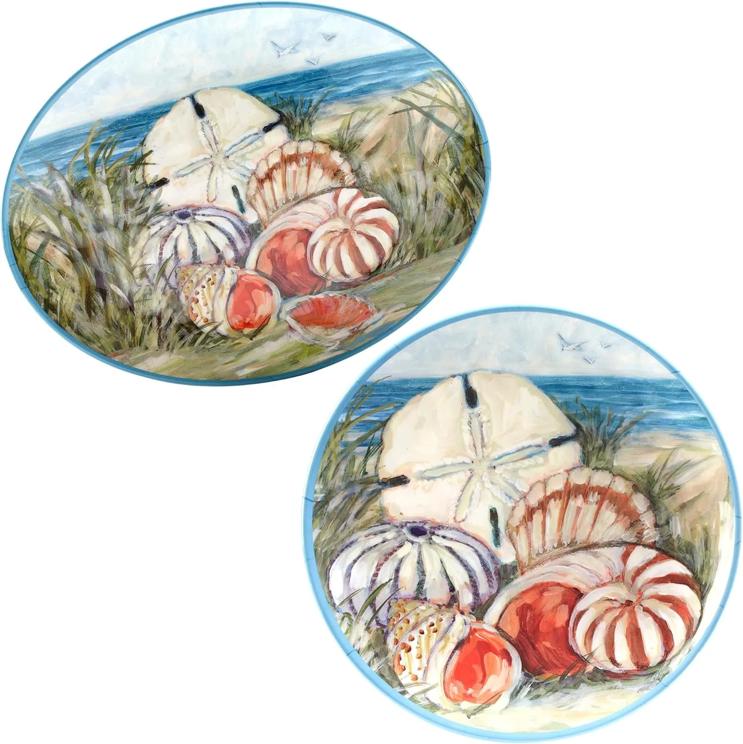 Seacoast Melamine 2-Piece Platter Set – Coastal Shell and Sand Dollar Oval and Round Trays, Beach-Themed Break-Resistant Serveware for Indoor/Outdoor Dining, Dishwasher Safe, BPA-Free