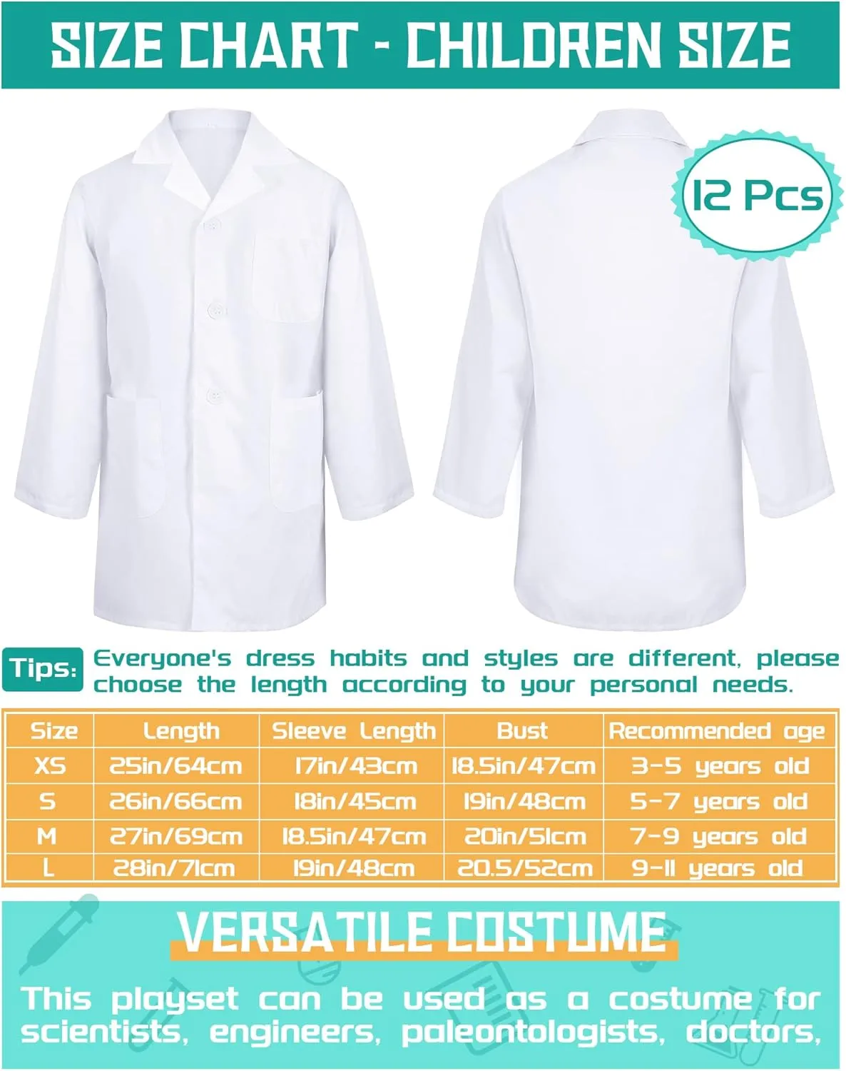 Seajan 12 Pcs Unisex Kids Lab Coat Bulk Soft Kids Scrubs White Doctor Coat Scientist Halloween Costume for Boys and Girls (M Size)
