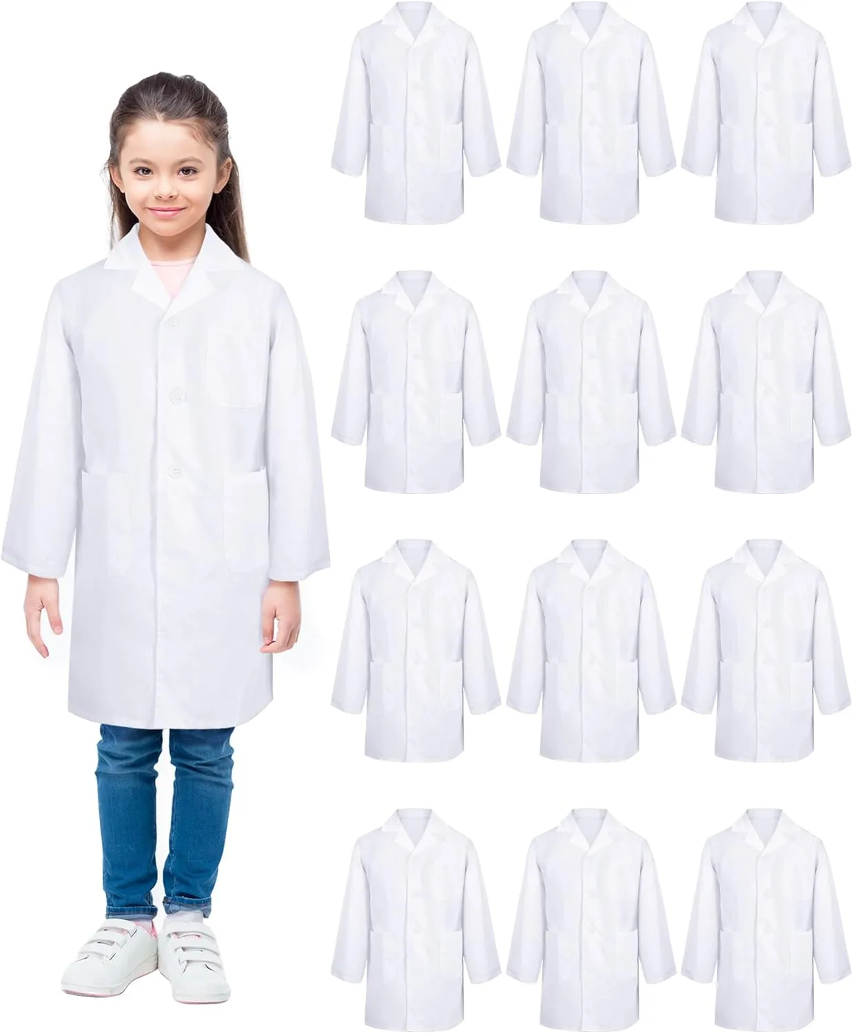 Seajan 12 Pcs Unisex Kids Lab Coat Bulk Soft Kids Scrubs White Doctor Coat Scientist Halloween Costume for Boys and Girls (M Size)