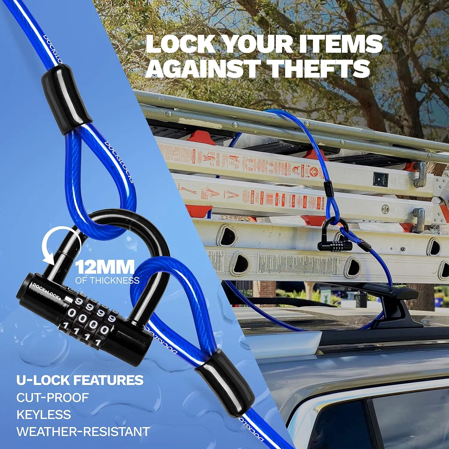 Security Cable Lock Set (5' to 25') Looped Ends, Weatherproof, Keyless Compact U-Lock with Combination, Anti-Theft for Bikes Equipment 10ft
